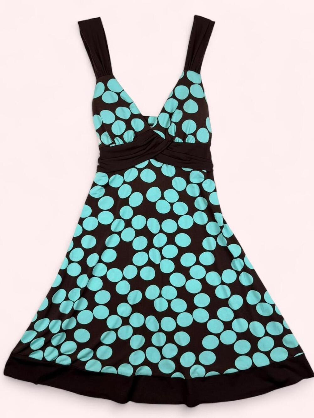 Brown & blue polka dot dress with bow detail